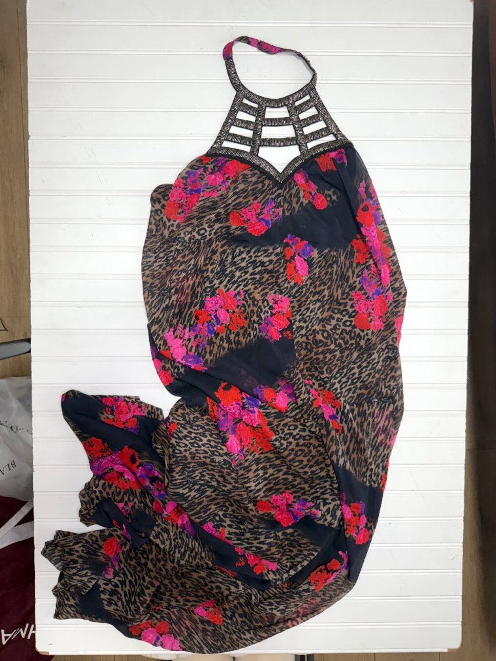 Venus Backless Halter Jumpsuit Floral Leopard Print Beaded Neck Size M - Picture 4 of 10